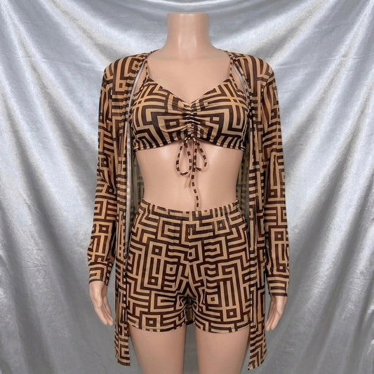 Geometric Print Cardigan Set