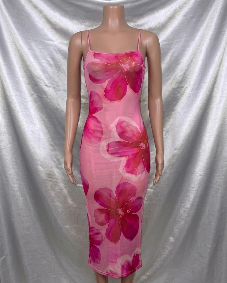 Pink Floral Mesh Dress