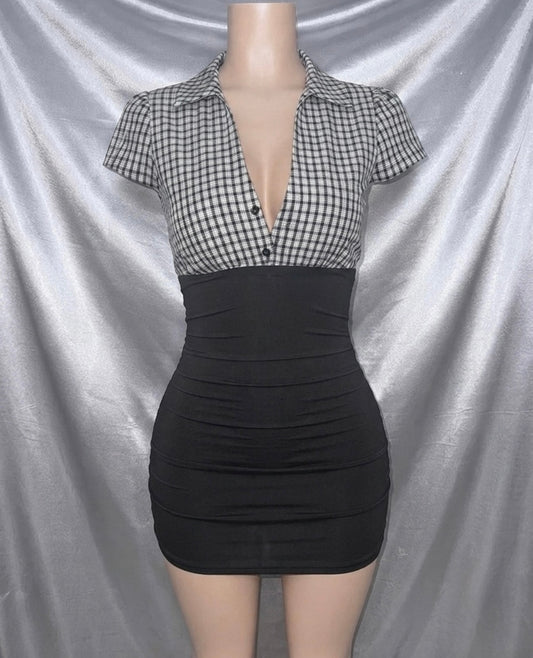 Plaid Collar Ruched Dress