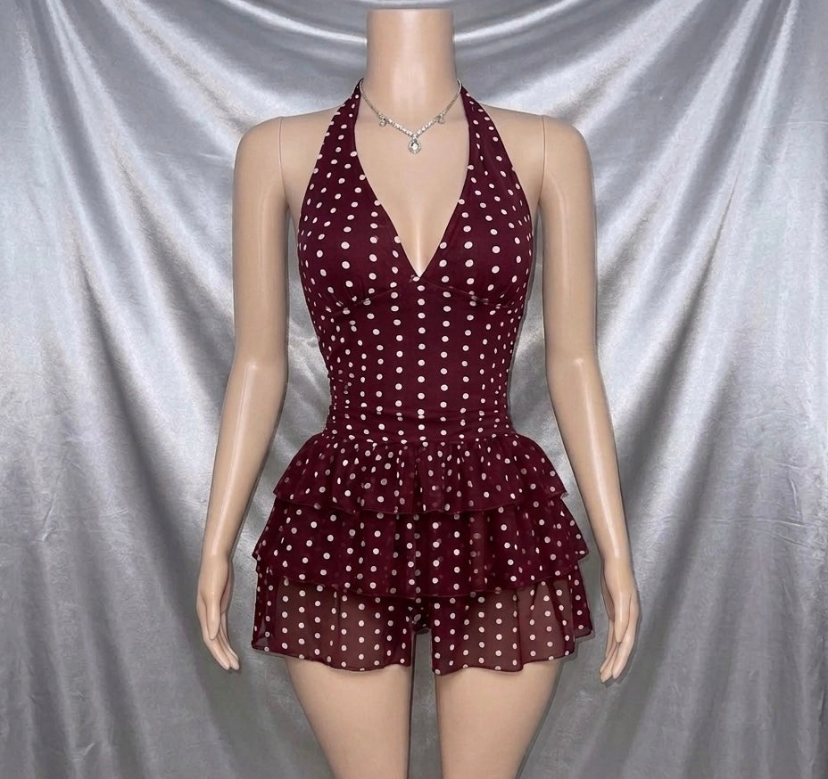 Burgundy Polka Swim Dress