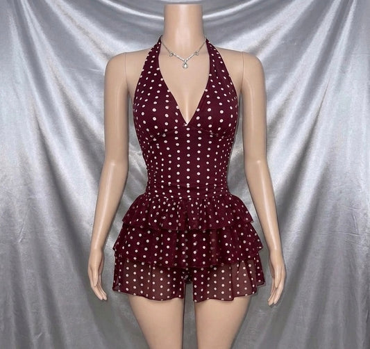 Burgundy Polka Swim Dress