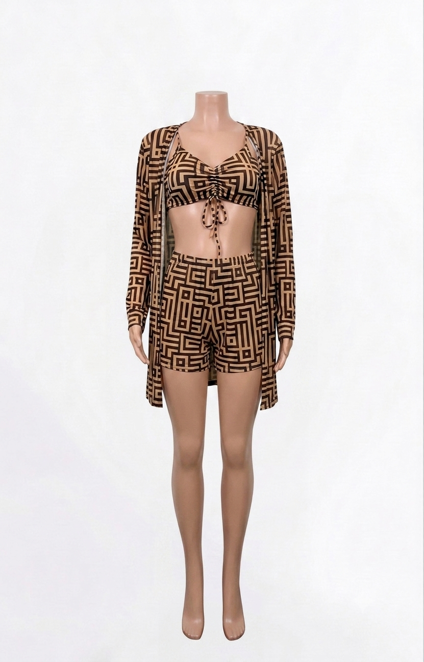 Geometric Print Cardigan Set